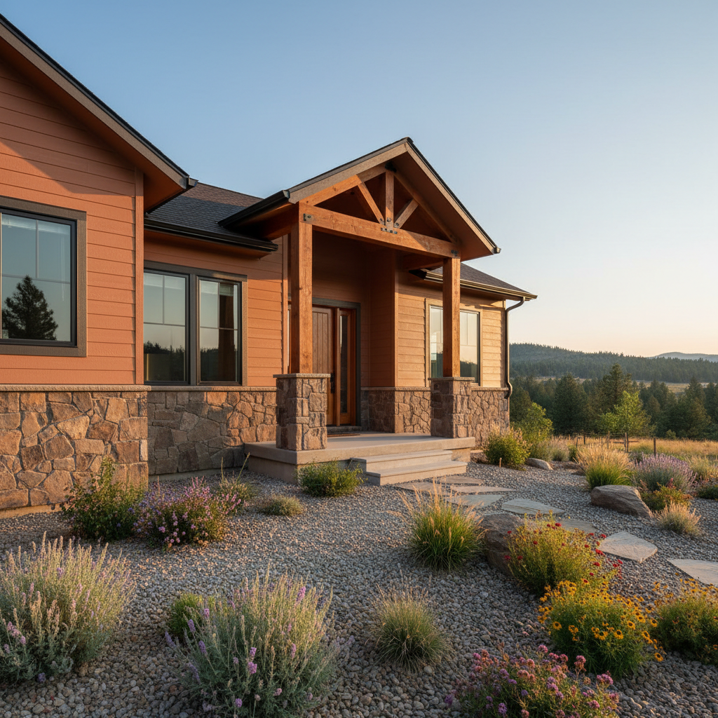 A craftsman-style Central Oregon home exterior after a full renovation, showcasing newly installed fiber-cement siding in a warm earthy tone, black-framed energy-efficient windows, and a natural stone veneer accenting the entry. A freshly built covered porch with timber posts and a stained wooden front door creates an inviting focal point. Xeriscape-inspired landscaping with native plants and gravel beds complements the high desert backdrop of distant pines and clear sky. Late afternoon golden hour light washes over the facade, emphasizing textures in the siding and stone while casting soft, elongated shadows. Photographed from a slightly low angle with wide-angle lens, the composition captures the entire front elevation in crisp photographic realism, projecting durability, quality, and professional remodeling expertise.