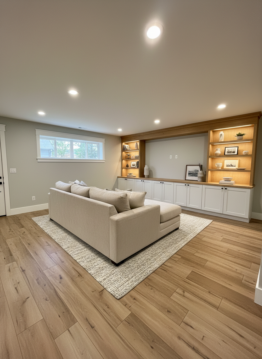 A finished basement remodel transformed into a cozy, multifunctional living space, featuring a plush neutral-toned sectional sofa facing a custom built-in media wall with matte white cabinetry and natural wood shelving. The flooring is luxury vinyl plank in a warm oak finish, contrasted by soft, light gray walls and crisp white trim. Recessed ceiling lights provide even, warm illumination, complemented by subtle accent lighting under the shelves that highlights decor objects. No people are present, keeping focus on the craftsmanship and finishes. Captured at eye level with a slight diagonal view to show depth, the photographic composition feels inviting yet professional, emphasizing how thoughtful remodeling can convert an underused area into a polished, comfortable part of a Central Oregon home.