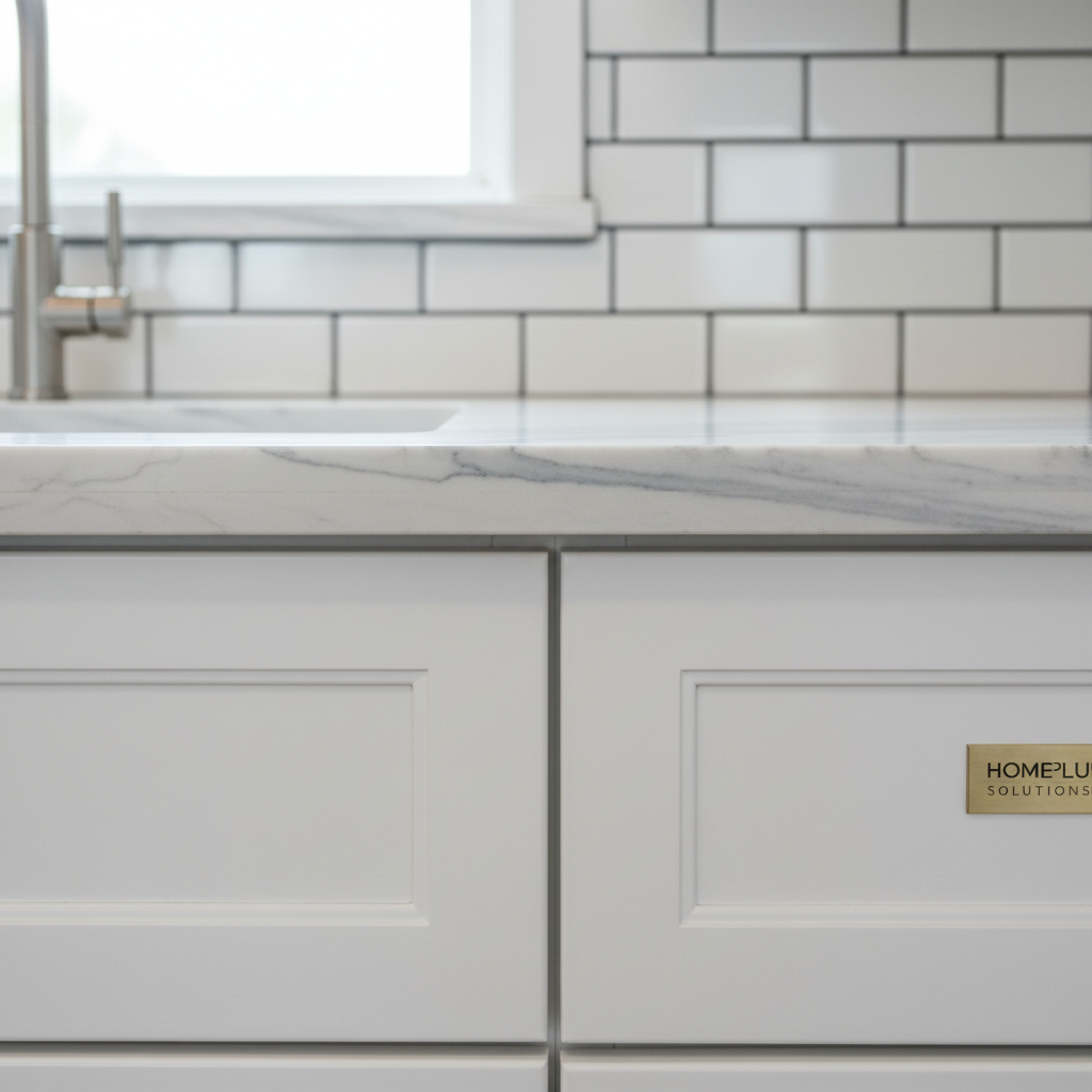 A close-up, detail-focused view of a high-end home remodeling project in Central Oregon, showing the junction of a custom-built white shaker cabinet, a veined marble-look quartz countertop, and a precisely installed subway tile backsplash with contrasting grout lines. The countertop edge, cabinet door alignment, and perfectly leveled tiles illustrate careful craftsmanship and flawless finishing. Soft, diffused natural light from an unseen window reveals subtle textures and clean lines, with gentle shadows emphasizing depth. Photographed in photographic realism with a shallow depth of field, the foreground details are razor sharp while the background fades softly, creating a professional, trust-inspiring mood that highlights the quality and precision of Home Plus Solutions’ work.