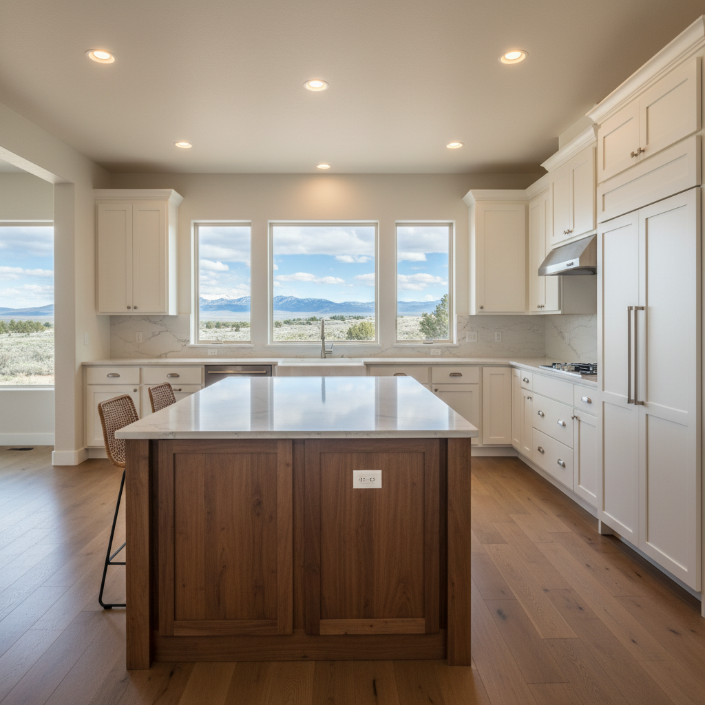 A meticulously organized kitchen remodel in a Central Oregon home, featuring custom-built, warm white cabinetry reaching to the ceiling with subtle crown molding and brushed nickel hardware. A large central island with a rich, stained wood base and light quartz top anchors the space, surrounded by engineered hardwood floors in a medium oak tone. Beyond the windows, a glimpse of high desert landscape and blue sky adds regional character. Soft, even daylight streams in combined with warm recessed ceiling lights, creating a bright yet cozy atmosphere. Captured from a slightly elevated angle, the photographic image has sharp focus from foreground to background, highlighting seamless finishes and professional craftsmanship in a clean, modern style.