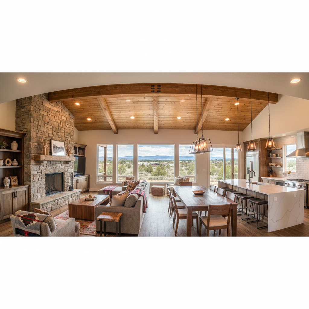 A wide, panoramic interior shot of a fully remodeled Central Oregon great room, combining living, dining, and kitchen spaces beneath a vaulted ceiling with exposed timber beams. The living area features a stone fireplace and built-in cabinets, the dining space includes a solid wood table beneath modern black metal pendant lights, and the kitchen boasts a large island, quartz counters, and stainless steel appliances. Large windows frame views of juniper trees and sagebrush. Bright, natural daylight floods the room, enhanced by warm recessed lighting, creating a balanced, welcoming glow. Captured with a wide-angle lens at eye level, the photographic composition emphasizes seamless flow and cohesive design, projecting a professional, polished atmosphere.