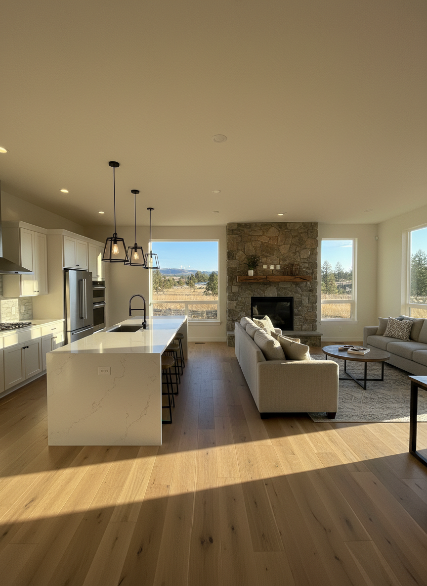 A beautifully remodeled open-concept living room and kitchen in a modern Central Oregon home, featuring wide-plank light oak floors and a stone-clad gas fireplace with a rustic timber mantel. The kitchen showcases quartz countertops, a large island with waterfall edges, and matte black fixtures against soft white shaker cabinets. Outside the large windows, a hint of high desert landscape and pine trees is visible. Warm afternoon natural light pours in, creating soft highlights on the stone texture and subtle reflections on stainless steel appliances. Photographed at eye level with sharp focus throughout, the composition emphasizes spaciousness and flow, conveying a professional, welcoming, and high-quality home remodeling result in clean photographic realism.