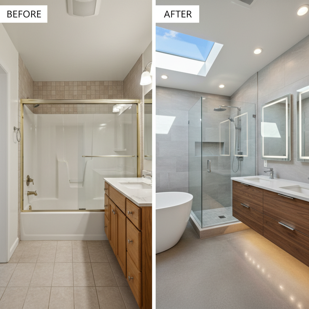 A detailed before-and-after split image of a Central Oregon bathroom remodel, left side showing an outdated space with beige tile and worn fixtures, right side revealing a luxurious, fully renovated bathroom. The new design features a frameless glass walk-in shower with large-format porcelain tiles in soft gray, a freestanding white soaking tub, and a custom floating vanity with walnut wood grain and quartz countertop. Overhead recessed lighting and a skylight provide even, diffused illumination, creating gentle reflections on chrome fixtures. Shot straight on with a clear dividing line between old and new, the photographic composition highlights dramatic transformation while maintaining a professional, realistic aesthetic that showcases quality craftsmanship and attention to detail.