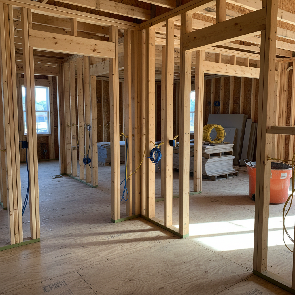 A mid-construction scene of a home remodeling project, focusing on the interior framing of a Central Oregon residence. Freshly installed, clean lumber studs form new walls, with neatly routed electrical wiring and precisely cut openings for windows and doors. Subfloor panels are securely fastened, and stacked materials wait in the background, all neatly organized. No workers are visible, but the careful layout and tidy site imply professional crews at work. Soft, indirect daylight enters through rough window openings, casting linear shadows along the floor and framing. Photographed in documentary-style photographic realism with moderate depth of field, the image conveys a sense of progress, structural integrity, and attention to detail from start to finish of the remodeling process.
