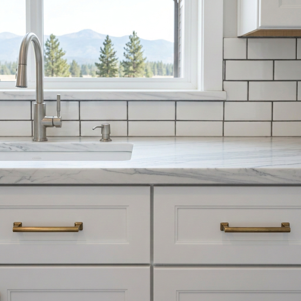 A close-up, detail-focused view of a high-end home remodeling project in Central Oregon, showing the junction of a custom-built white shaker cabinet, a veined marble-look quartz countertop, and a precisely installed subway tile backsplash with contrasting grout lines. The countertop edge, cabinet door alignment, and perfectly leveled tiles illustrate careful craftsmanship and flawless finishing. Soft, diffused natural light from an unseen window reveals subtle textures and clean lines, with gentle shadows emphasizing depth. Photographed in photographic realism with a shallow depth of field, the foreground details are razor sharp while the background fades softly, creating a professional, trust-inspiring mood that highlights the quality and precision of Home Plus Solutions’ work.