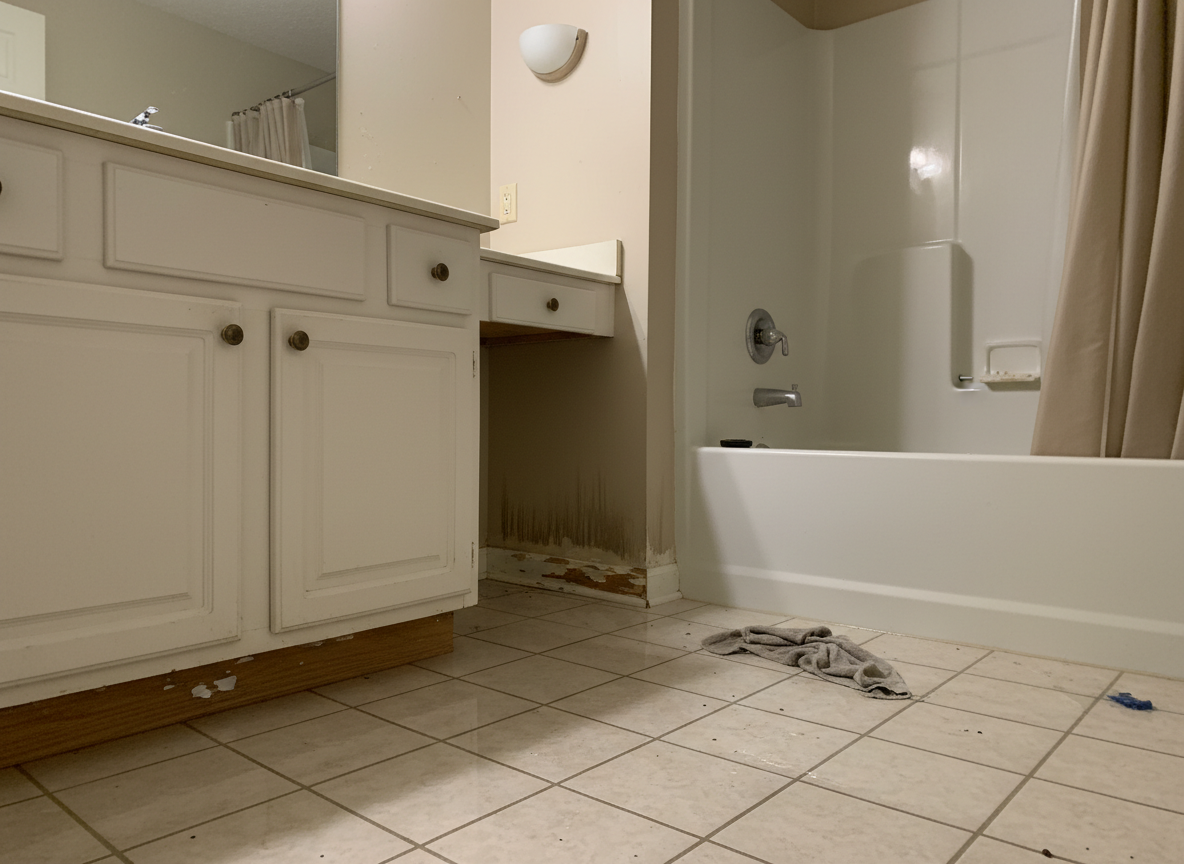 Master bathroom with moderate flood water damage — warped baseboards, water stains on lower drywall, and moisture on tile floor