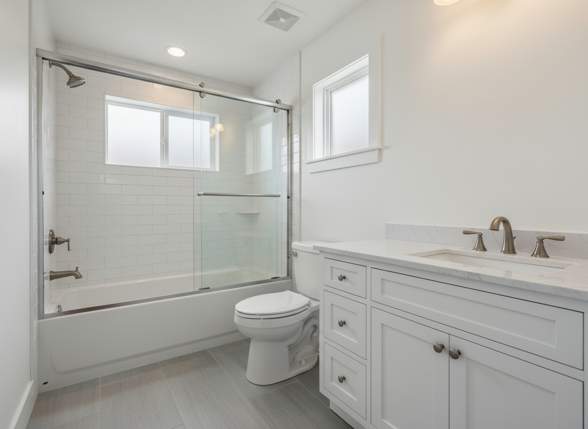 Restored master bathroom with fresh neutral tile floors, white walls, classic vanity with brushed nickel hardware, and clean subway tile shower — quality contractor work, move-in ready